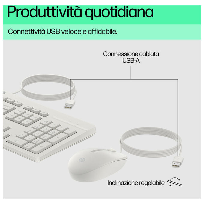HP AW5S6AA 225 Wired Kit Tastiera Full-size e Mouse Ottico USB 1200 DPI Layout Italiano colore Bianco