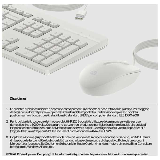HP AW5S6AA 225 Wired Kit Tastiera Full-size e Mouse Ottico USB 1200 DPI Layout Italiano colore Bianco