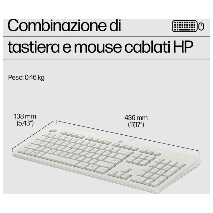 HP AW5S6AA 225 Wired Kit Tastiera Full-size e Mouse Ottico USB 1200 DPI Layout Italiano colore Bianco