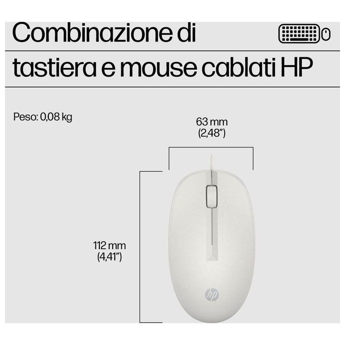 HP AW5S6AA 225 Wired Kit Tastiera Full-size e Mouse Ottico USB 1200 DPI Layout Italiano colore Bianco
