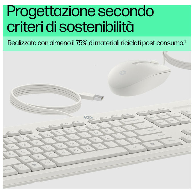 HP AW5S6AA 225 Wired Kit Tastiera Full-size e Mouse Ottico USB 1200 DPI Layout Italiano colore Bianco