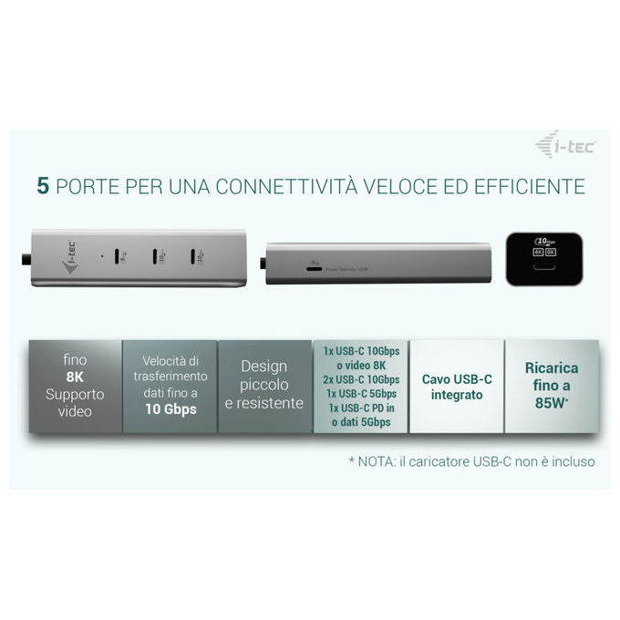 I-Tec Hub USB-C 5 porte con video 8K e Power Delivery 85W