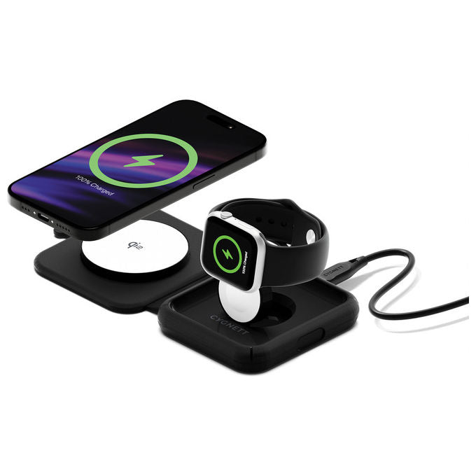 Cygnett MagTravel Qi2.0 Caricatore Wireless 2-in-1 per Smartphone e Orologi - Nero
