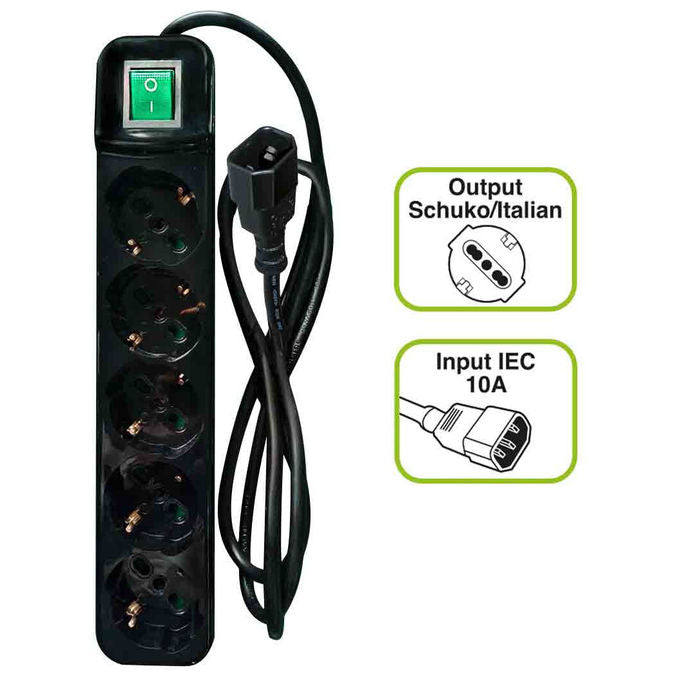 Tecnoware FMP5IECIG Multipresa Per UPS 5 Posti Schuko Italia Bipasso IEC C14 10A Cavo 1,5 m colore Nero