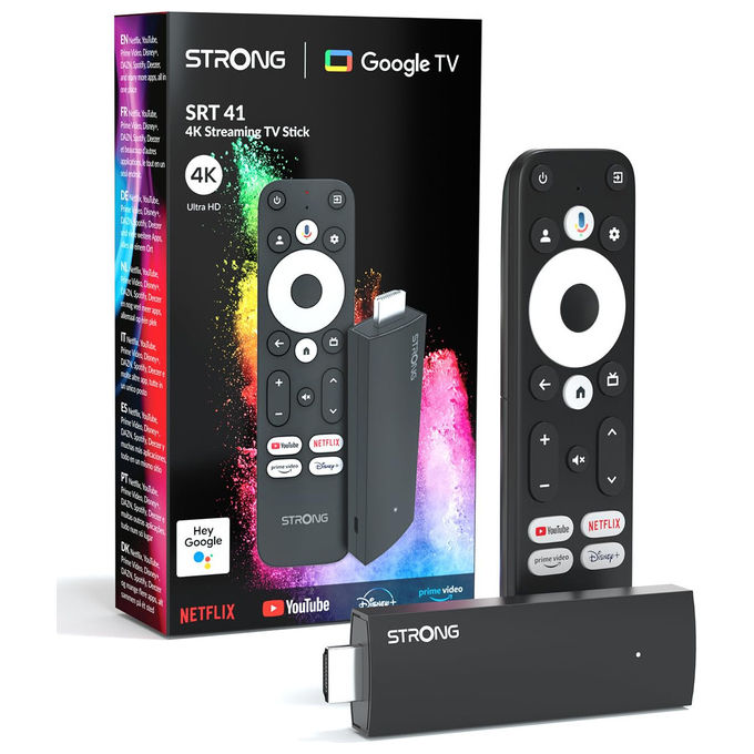 Strong LEAP-NEVE Google TV Dongle 4K UHD Wi-Fi 6 Dual Band Ethernet Dolby Vision Atmos Assistente Google colore Bianco