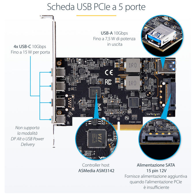 StarTech.com Scheda PCIe USB 3.2 5 porte USB-C e USB-A