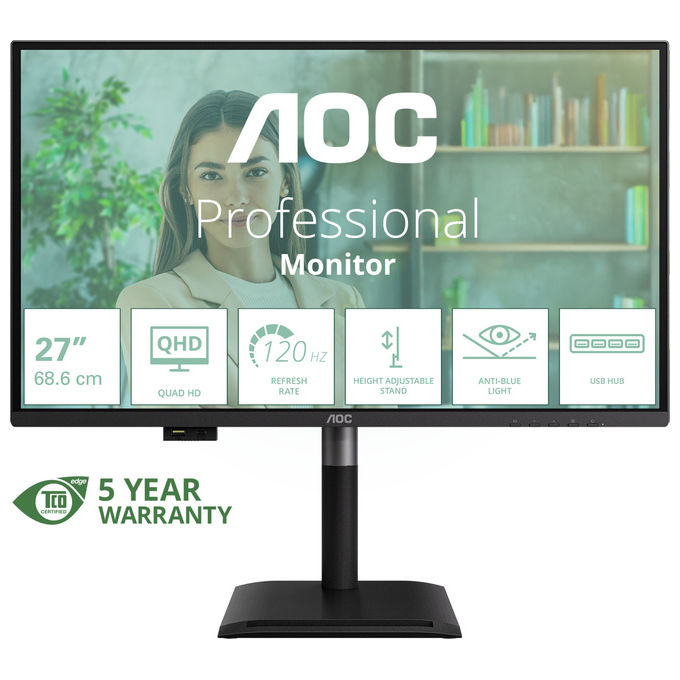 AOC Q27P4U Monitor PC 27'' QHD 2560x1440 IPS 120Hz Hub USB 3.2 HDMI DisplayPort colore Nero