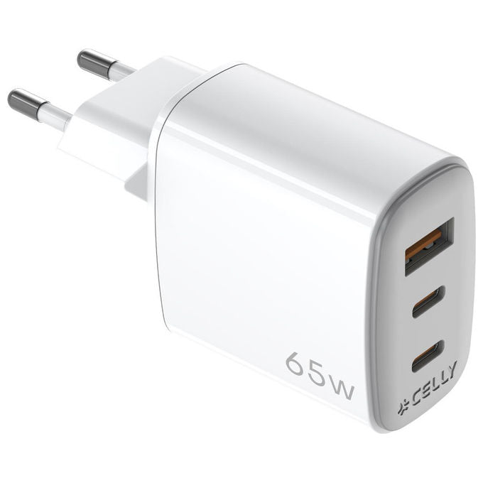 Celly Caricabatterie Muro 65W con 2 USB-C e 1 USB-A Bianco
