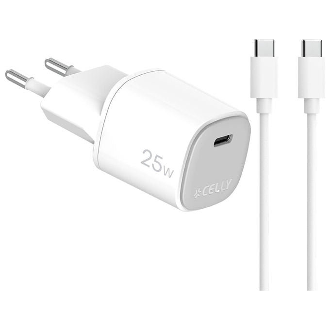Celly Caricabatterie USB-C 25W GaN con Cavo, Bianco