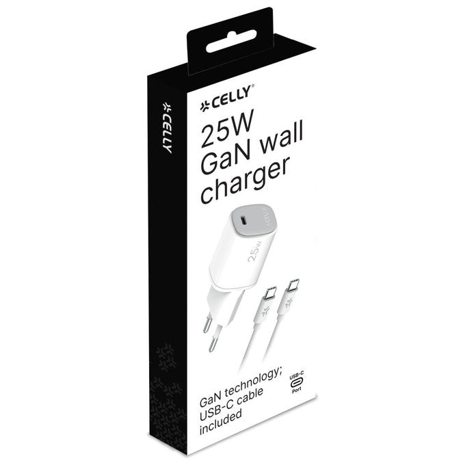 Celly Caricabatterie USB-C 25W GaN con Cavo, Bianco