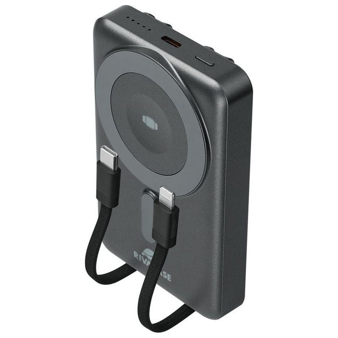 Rivacase VA2608 Power Bank 10000 mAh Wireless MagSafe Qi 15W QC PD 20W Ricarica iWatch cavi integrati colore Grigio