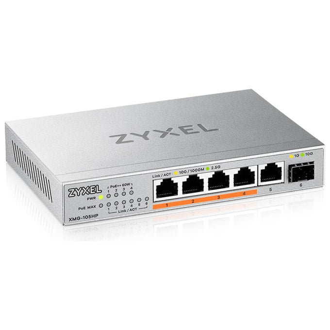 Zyxel XMG-105 Switch Unmanaged 5 Porte 2.5G Ethernet 1 Porta 10G SFP+ Plug and Play Senza Ventole colore Grigio