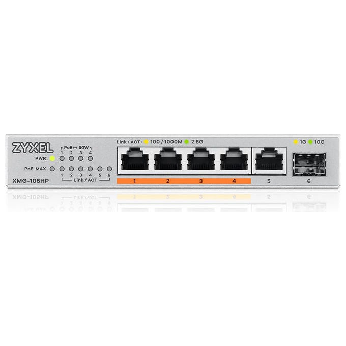Zyxel XMG-105 Switch Unmanaged 5 Porte 2.5G Ethernet 1 Porta 10G SFP+ Plug and Play Senza Ventole colore Grigio