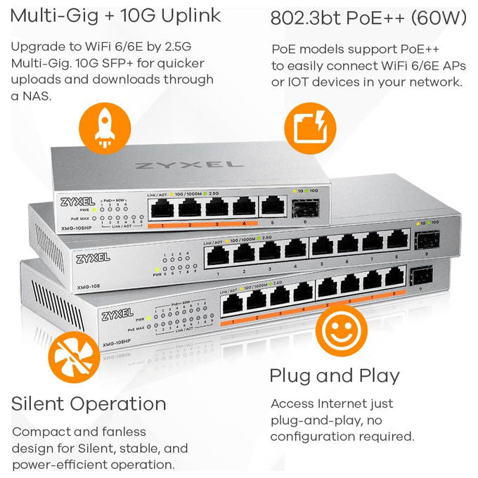 Zyxel XMG-105 Switch Unmanaged 5 Porte 2.5G Ethernet 1 Porta 10G SFP+ Plug and Play Senza Ventole colore Grigio