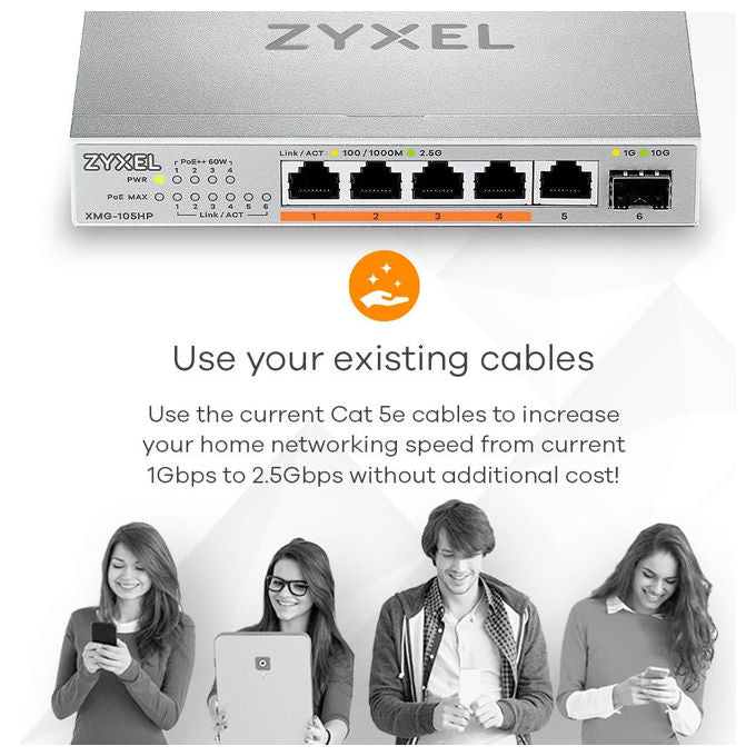 Zyxel XMG-105 Switch Unmanaged 5 Porte 2.5G Ethernet 1 Porta 10G SFP+ Plug and Play Senza Ventole colore Grigio