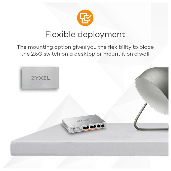 Zyxel XMG-105 Switch Unmanaged 5 Porte 2.5G Ethernet 1 Porta 10G SFP+ Plug and Play Senza Ventole colore Grigio