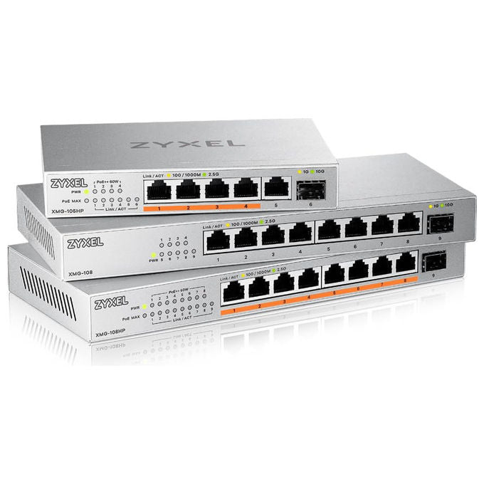 Zyxel XMG-105 Switch Unmanaged 5 Porte 2.5G Ethernet 1 Porta 10G SFP+ Plug and Play Senza Ventole colore Grigio