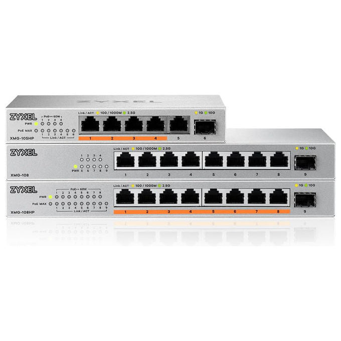 Zyxel XMG-105 Switch Unmanaged 5 Porte 2.5G Ethernet 1 Porta 10G SFP+ Plug and Play Senza Ventole colore Grigio