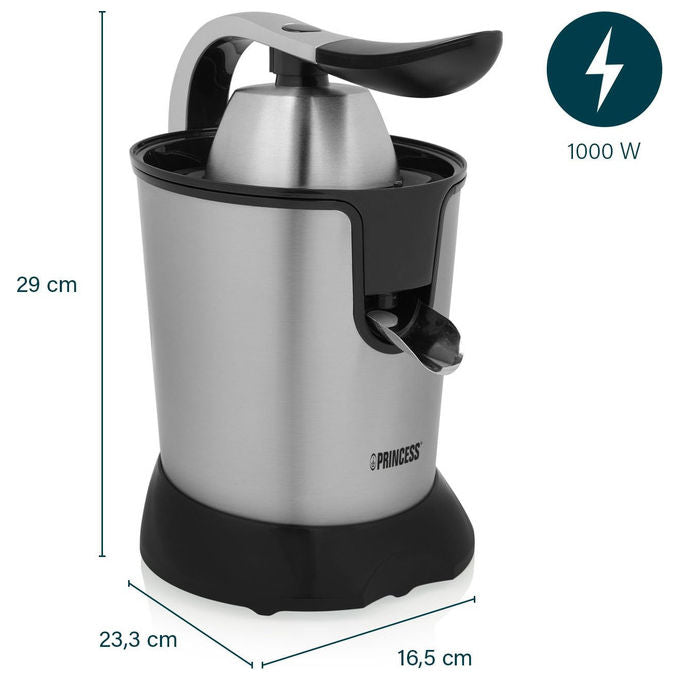 Princess 01.201873.01.001 Spremiagrumi Elettrico 1000W 2 Coni Filtro Regolabile Polpa Beccuccio Antigoccia Parti Lavabili in Lavastoviglie colore Acciaio Inox