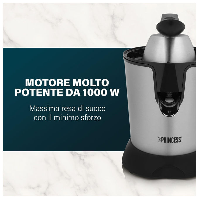 Princess 01.201873.01.001 Spremiagrumi Elettrico 1000W 2 Coni Filtro Regolabile Polpa Beccuccio Antigoccia Parti Lavabili in Lavastoviglie colore Acciaio Inox