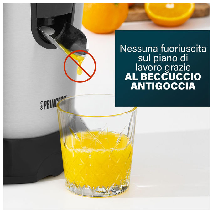 Princess 01.201873.01.001 Spremiagrumi Elettrico 1000W 2 Coni Filtro Regolabile Polpa Beccuccio Antigoccia Parti Lavabili in Lavastoviglie colore Acciaio Inox