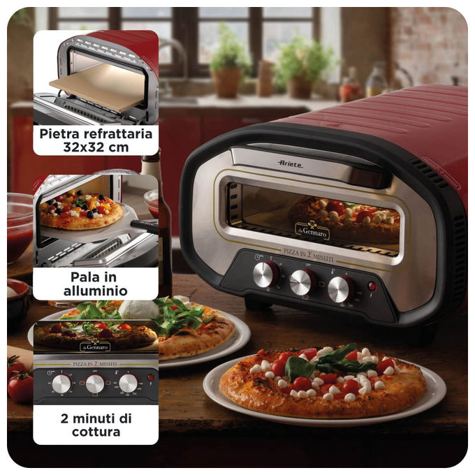 Ariete 3901 Da Gennaro Forno per Pizza 2200W 430°C Pietra Refrattaria Timer 60 min colore Rosso