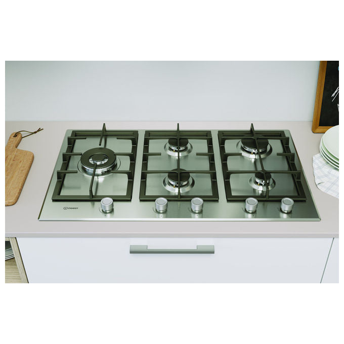 Indesit IN9522IX1 Piano cottura Gas 90 cm 5 fuochi doppia corona griglie ghisa lavastoviglie colore Inox