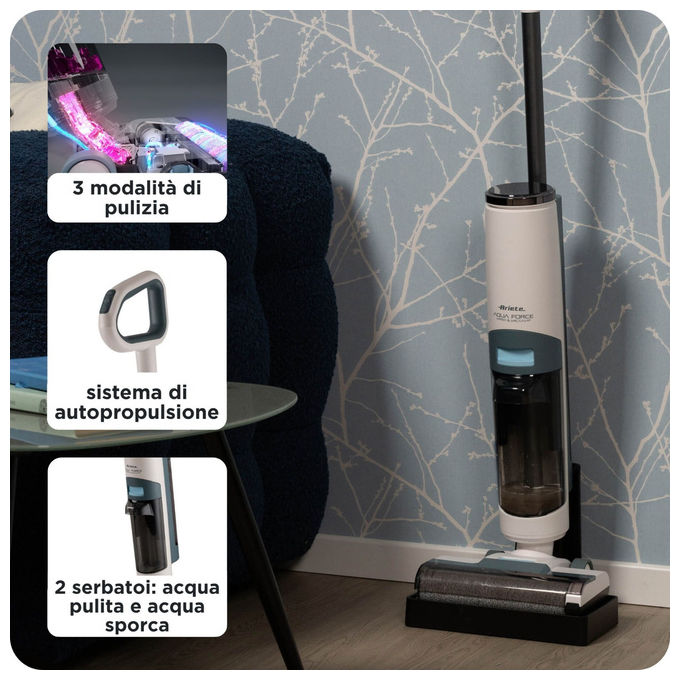 Ariete 2483 Aqua Force Aspirapolvere Lavapavimenti Cordless 2in1 Secco e Bagnato Filtro HEPA 220W 35 min colore Bianco Azzurro