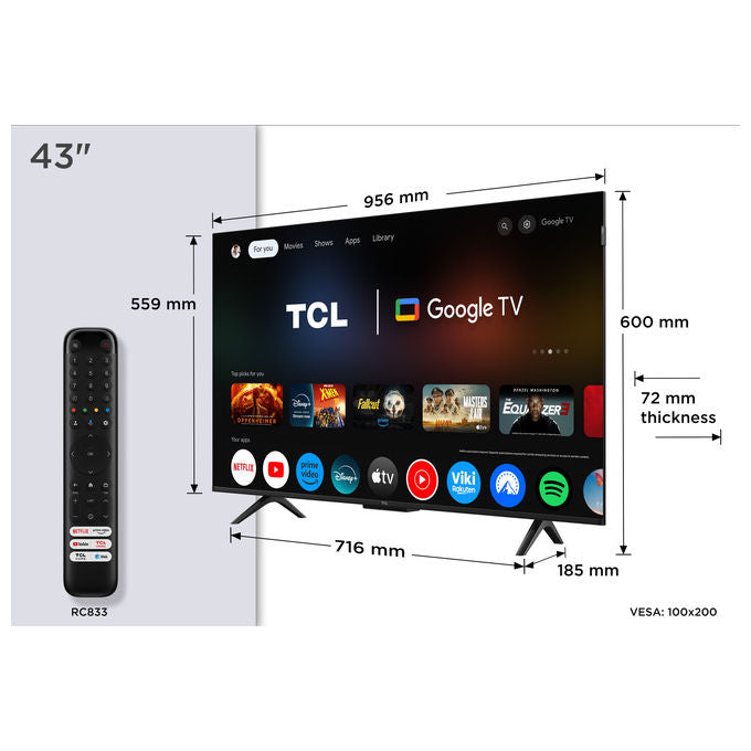 Tcl 43P7K Smart Tv Qled 4K 43'' Google Tv