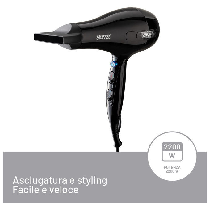 Imetec Asciugacapelli S6 2000, 2200W, Nero, 2 Velocita' e 3 Temperature