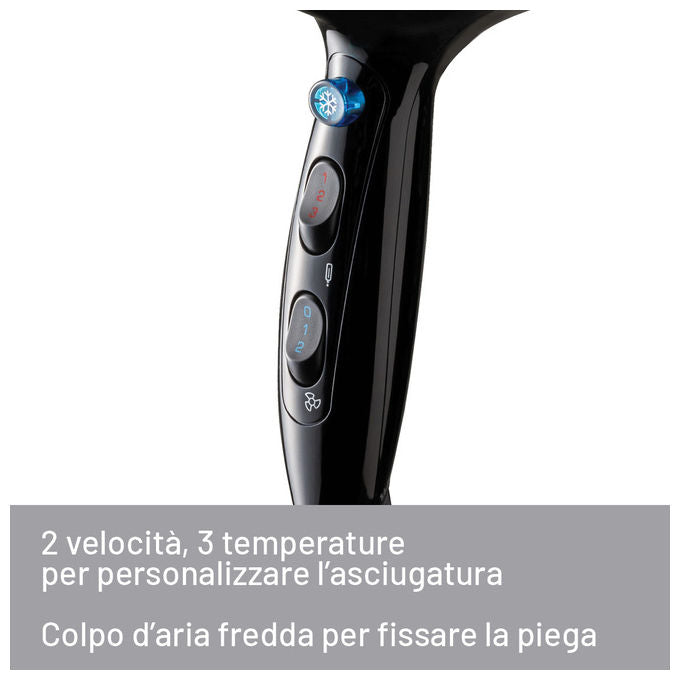 Imetec Asciugacapelli S6 2000, 2200W, Nero, 2 Velocita' e 3 Temperature