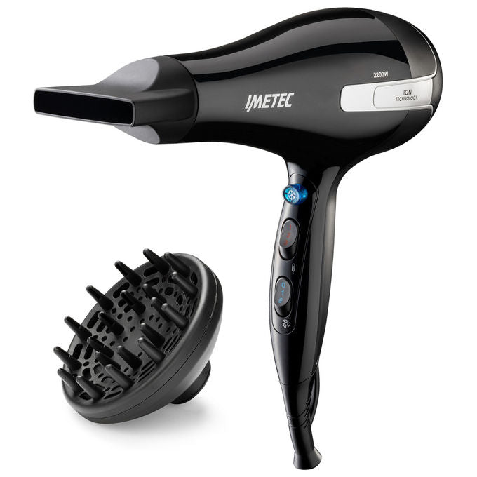Imetec 11976 K7 2000 Asciugacapelli 2200 W Ionico 2 velocita' 3 temperature Diffusore Professionale Concentratore colore Nero