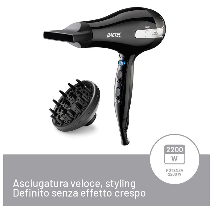 Imetec 11976 K7 2000 Asciugacapelli 2200 W Ionico 2 velocita' 3 temperature Diffusore Professionale Concentratore colore Nero