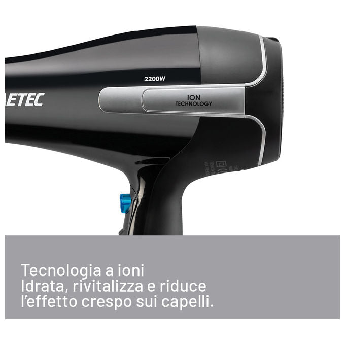 Imetec 11976 K7 2000 Asciugacapelli 2200 W Ionico 2 velocita' 3 temperature Diffusore Professionale Concentratore colore Nero