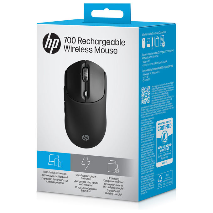 Hp 700 Mouse Wireless Ricaricabile Nero 6000DPI