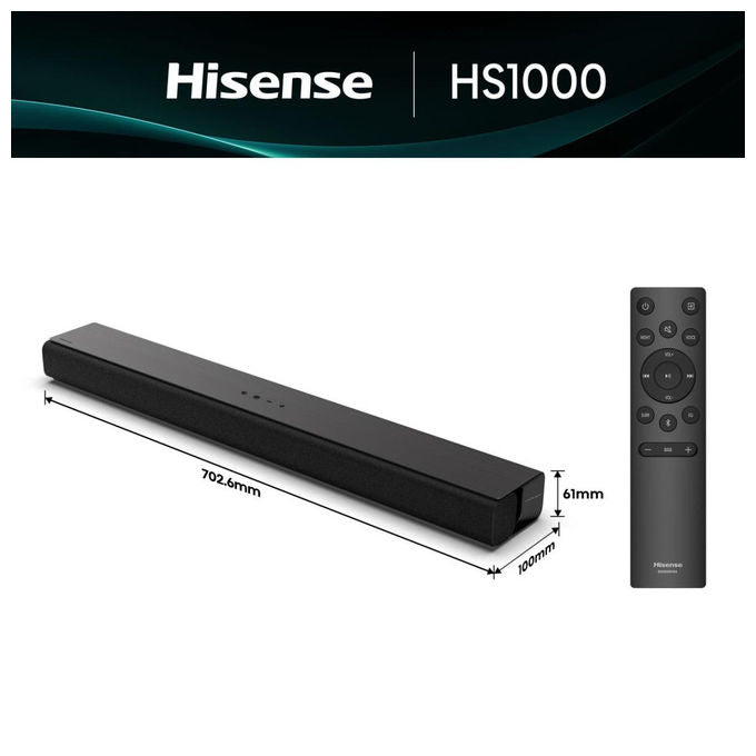 Hisense HS1000 Soundbar 2.0 Canali 120 W Dolby Audio DTS Virtual:X Bluetooth 5.3 HDMI ARC colore Nero