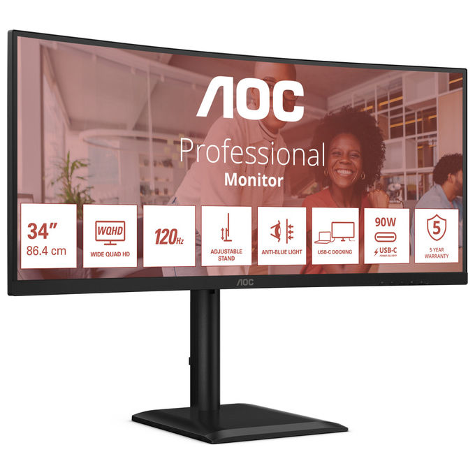 AOC CU34E4CV Monitor PC 34'' Curvo VA UWQHD 21:9 120Hz HDR10 USB-C 90W KVM FreeSync colore Nero