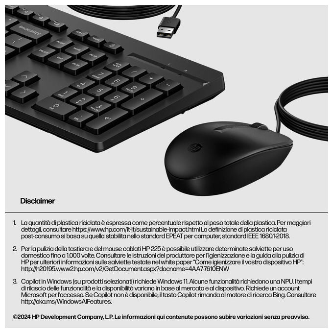 Hp KIT_ Mouse e Tastiera 225 Wired Usb Layout Italiano Nero