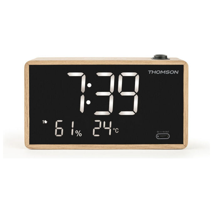Thomson CP202T Radiosveglia con Proiezione FM Doppia Sveglia USB-C Sensore Temperatura Umidita' Legno colore Grigio