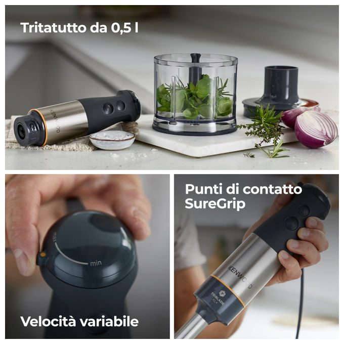 Kenwood HBM60307GY Triblade XL+ Mixer a Immersione 1000W con Tritatutto 0,5L Bicchiere 1L e Frusta colore Grigio
