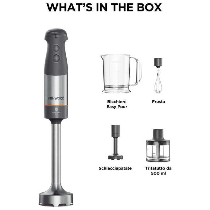 Kenwood HBM60307GY Triblade XL+ Mixer a Immersione 1000W con Tritatutto 0,5L Bicchiere 1L e Frusta colore Grigio