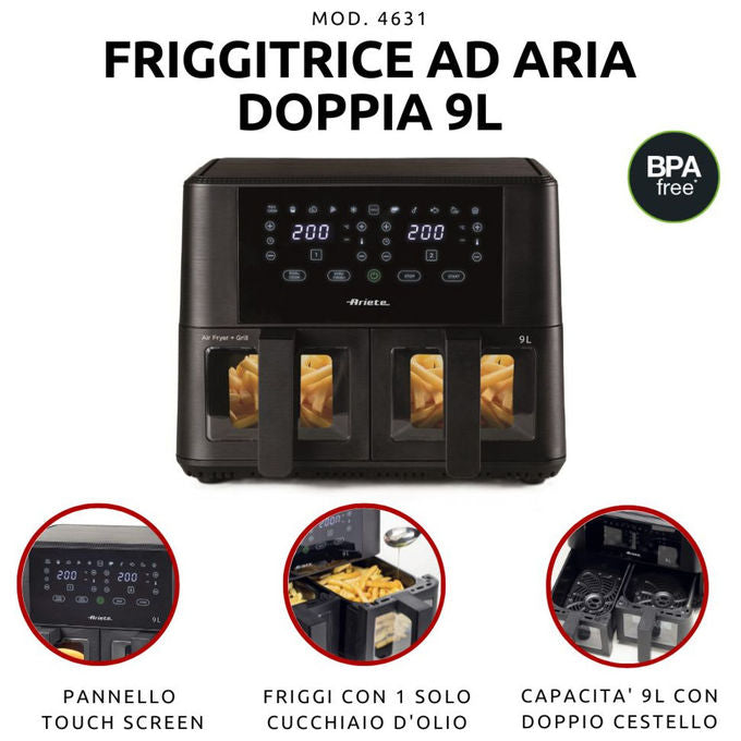 Ariete 4631 Friggitrice ad aria Doppia 9L 2400W 11 Programmi Touch Screen colore Nero