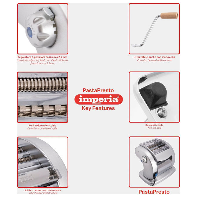 Imperia 3700 PastaPresto Macchina per la Pasta Elettrica 3 Formati 6 Spessori Sfoglia Made in Italy colore Grigio Argento