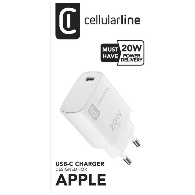 Cellularline, Caricabatteria da Rete, Usb-C 20W, Small, Bianco