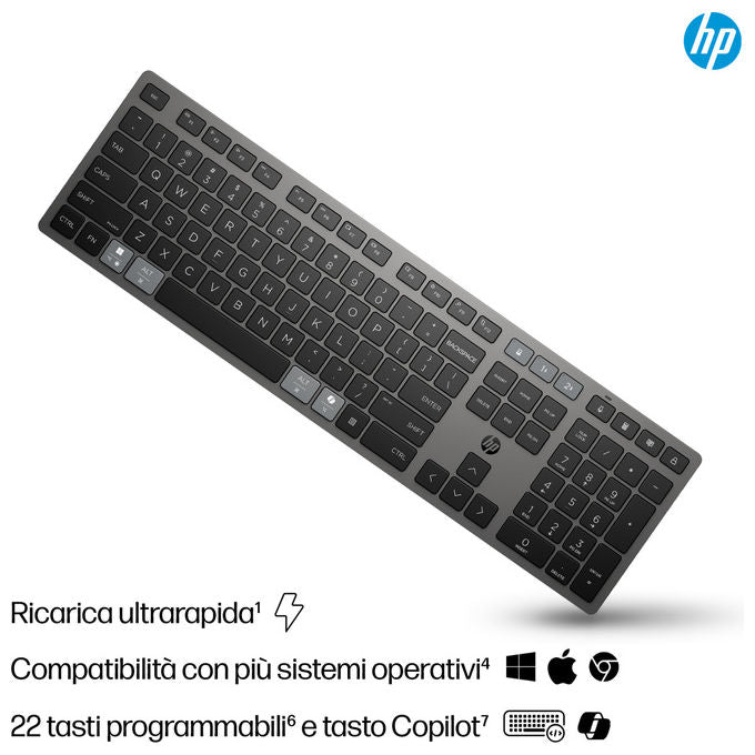 Hp, Tastiera Wireless Ricaricabile Multidispositivo 725, Full-Size, Grigia, Layout Italiano