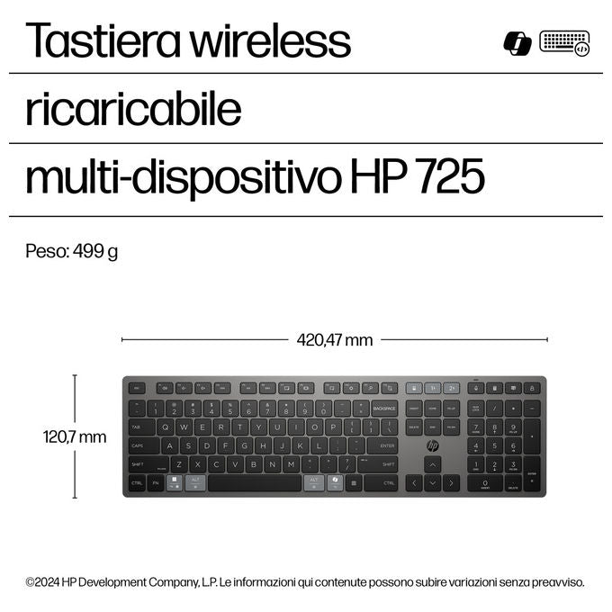 Hp, Tastiera Wireless Ricaricabile Multidispositivo 725, Full-Size, Grigia, Layout Italiano