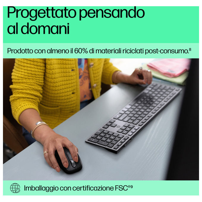 Hp, Tastiera Wireless Ricaricabile Multidispositivo 725, Full-Size, Grigia, Layout Italiano