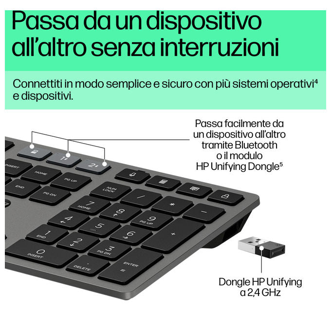 Hp, Tastiera Wireless Ricaricabile Multidispositivo 725, Full-Size, Grigia, Layout Italiano