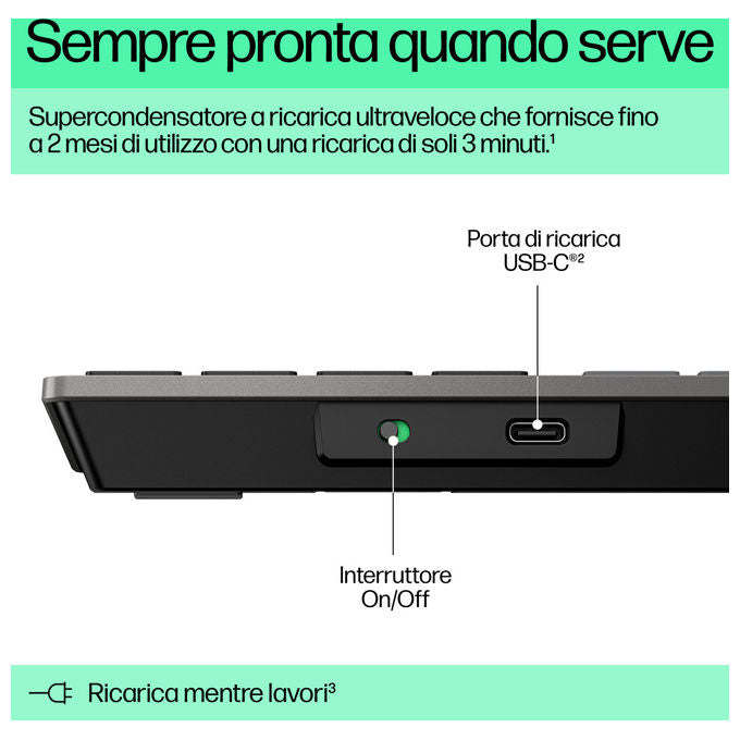 Hp, Tastiera Wireless Ricaricabile Multidispositivo 725, Full-Size, Grigia, Layout Italiano