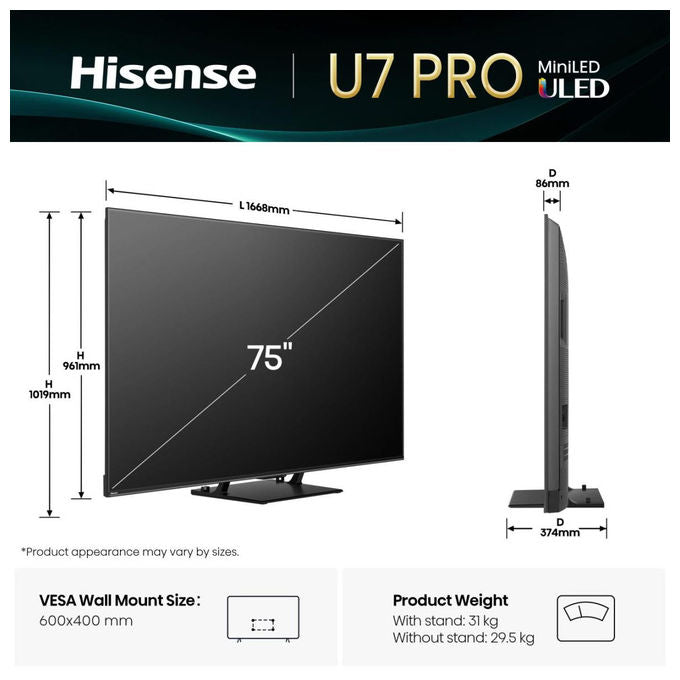 Hisense, TV 75 pollici 4K Ultra HD Mini LED Pro, Smart TV, Nero
